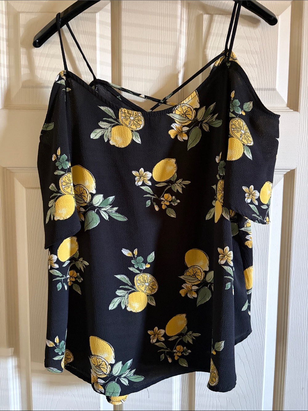 Kaileigh Black Lemon-Print Cold-Shoulder Cami